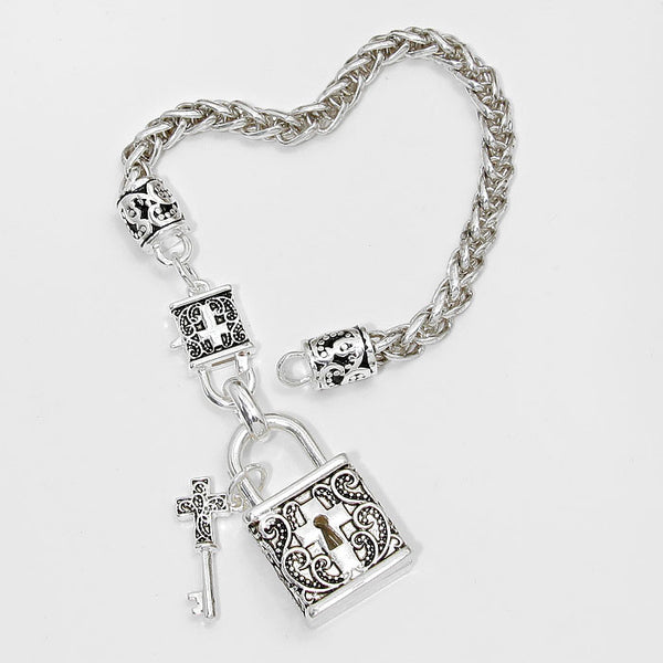 Filigree Cross Key and Locket Bracelet
