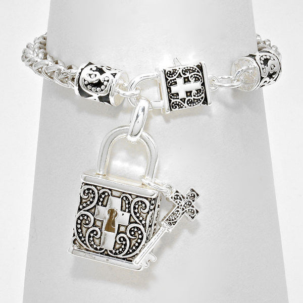 Filigree Cross Key and Locket Bracelet