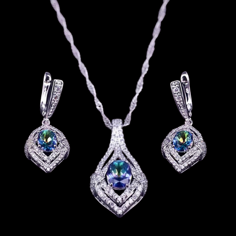Sterling Silver Mystic Blue Green Fire Teardrop Necklace Set