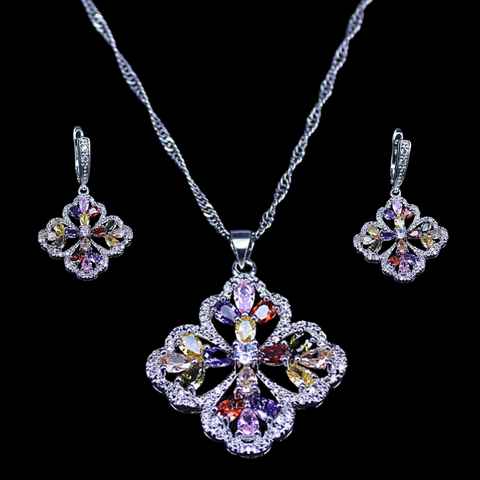 Sterling Silver Multi-Color Floral Necklace Set