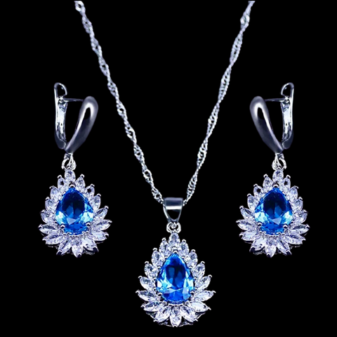 Sterling Silver Aquamarine Teardrop Necklace Set