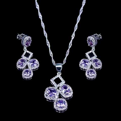 Sterling Silver Amethyst Geometric Necklace Set
