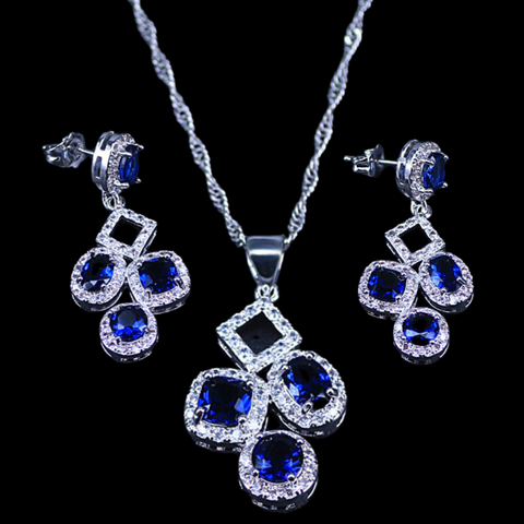 Sterling Silver Blue Sapphire Geometric Necklace Set