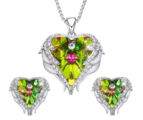Angel Wing Love Heart Swarovski Crystal Necklace Set