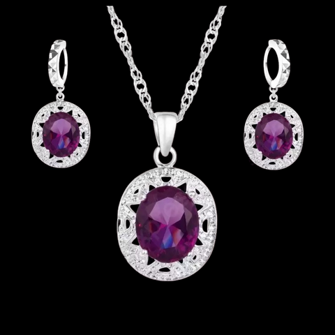 Sterling Silver Violet Oval Necklace Set
