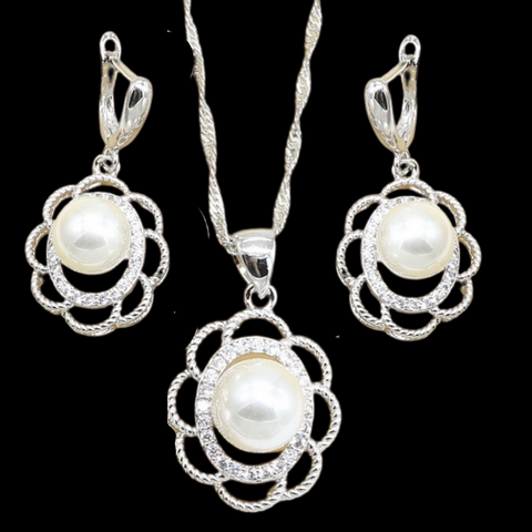 Sterling Silver Pearl Flower Necklace Set