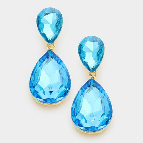 Formal Aqua Crystal Double Teardrop Dangle Earrings