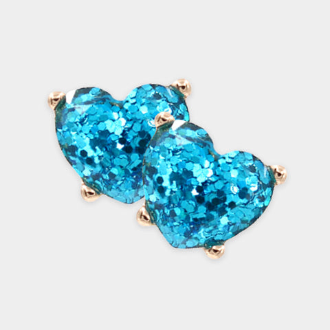 Aqua Glittered Heart Stud Earrings