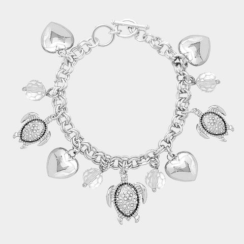 Silver Rhinestone Heart Turtle Charm Toggle Bracelet