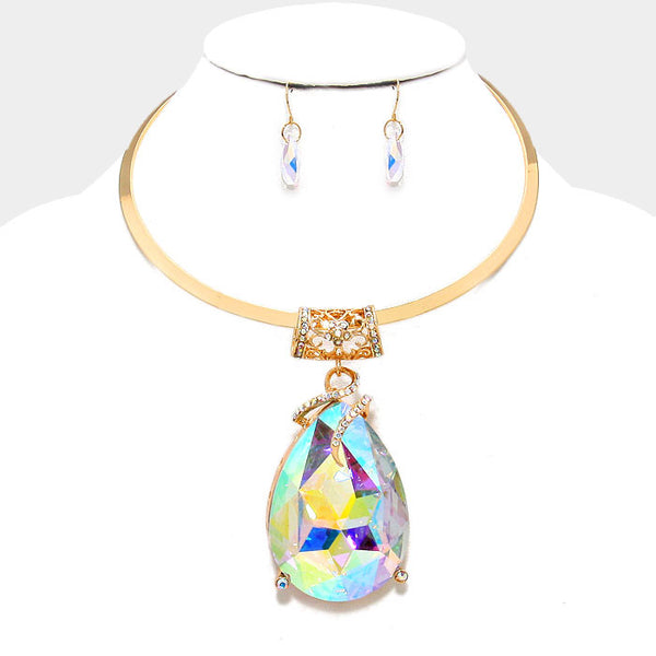 Chunky AB Glass Crystal Teardrop Choker Necklace Set