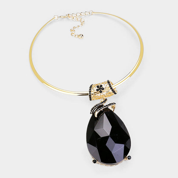 Chunky Black Glass Crystal Teardrop Choker Necklace Set