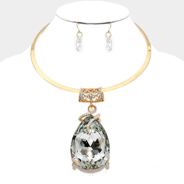 Chunky Diamond Glass Crystal Teardrop Choker Necklace Set