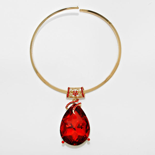 Chunky Ruby Red Glass Crystal Teardrop Choker Necklace Set