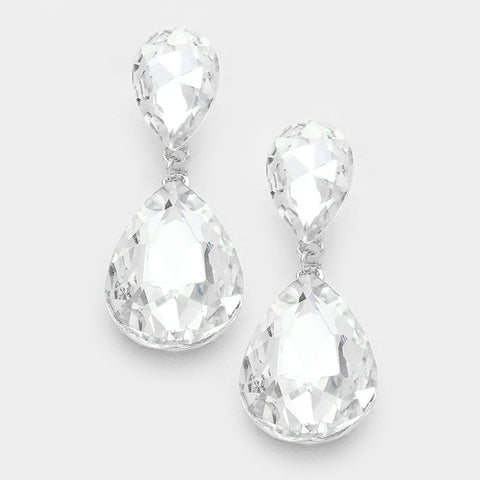 Formal Clear Crystal Double-Teardrop Dangle Earrings