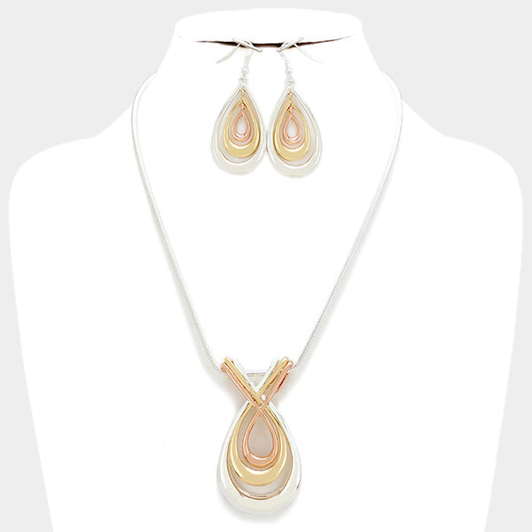 Silver Gold Twisted Teardrop Pendant Necklace Set