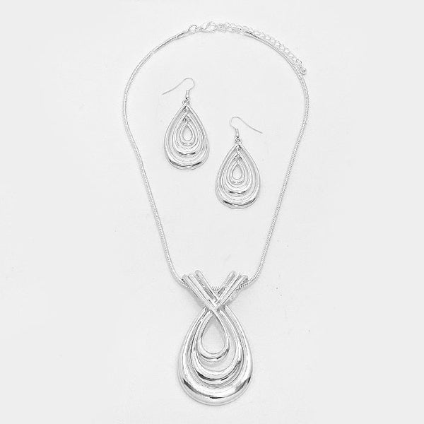 Silver Twisted Metal Teardrop Pendant Necklace Set - Bedazzled By Jeanelle - 2