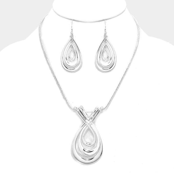 Silver Twisted Metal Teardrop Pendant Necklace Set - Bedazzled By Jeanelle - 1