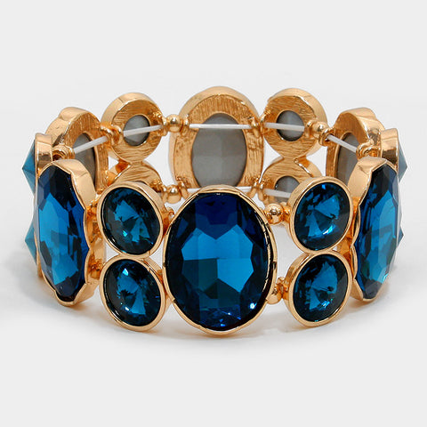 Chunky Capri Blue Glass Crystal Stretchable Statement Bracelet - Bedazzled By Jeanelle