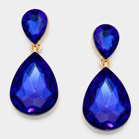 Formal Cobalt Blue Crystal Double-Teardrop Dangle Earrings - Bedazzled By Jeanelle