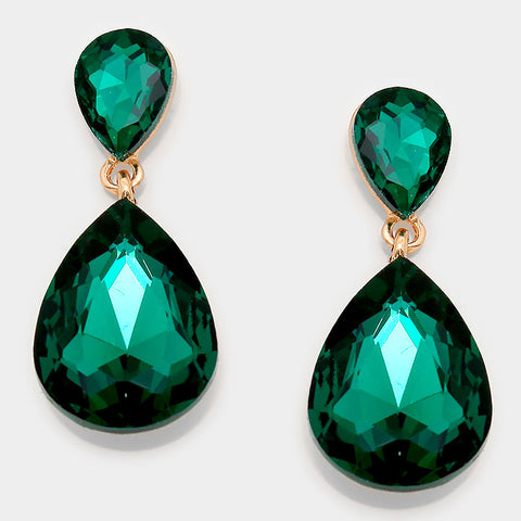Formal Emerald Crystal Double-Teardrop Dangle Earrings - Bedazzled By Jeanelle