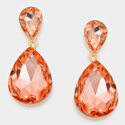 Formal Peach Crystal Double-Teardrop Dangle Earrings - Bedazzled By Jeanelle