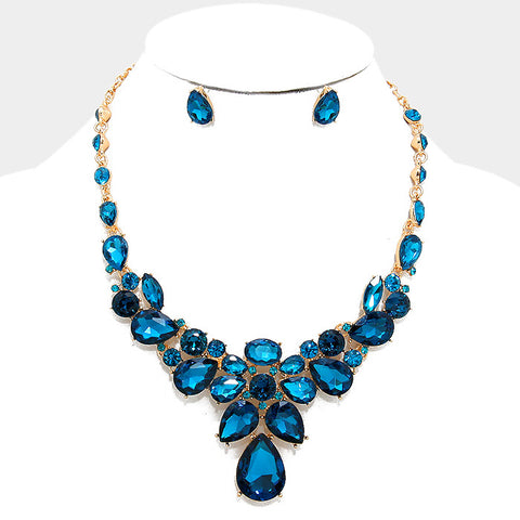 Teal Crystal Rhinestone Teardrop Evening Statement Necklace Set - Bedazzled By Jeanelle
