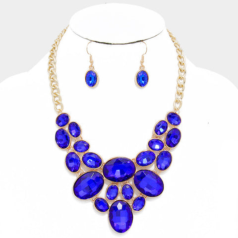 Capri Blue Oval Crystal Rhinestone Bib Necklace Set - Bedazzled By Jeanelle