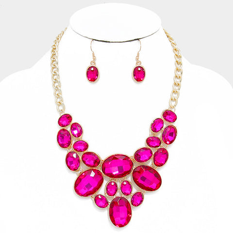 Fuchsia Oval Crystal Rhinestone Bib Necklace Set - Bedazzled By Jeanelle