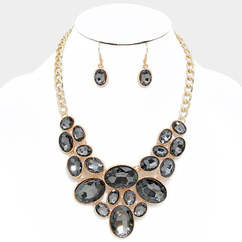 Black Oval Crystal Rhinestone Bib Necklace Set - Bedazzled By Jeanelle