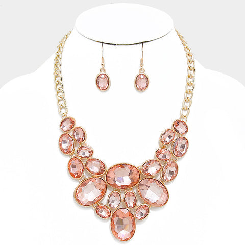 Peach Oval Crystal Rhinestone Bib Necklace Set - Bedazzled By Jeanelle