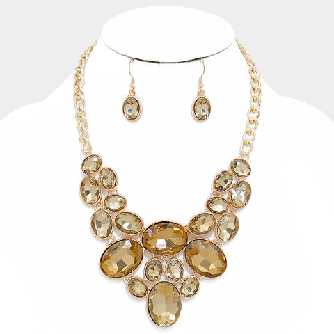 Sandy Brown Oval Crystal Rhinestone Bib Necklace Set - Bedazzled By Jeanelle