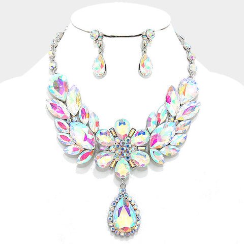 AB Floral Teardrop Crystal Rhinestone Evening Statement Necklace Set - Bedazzled By Jeanelle