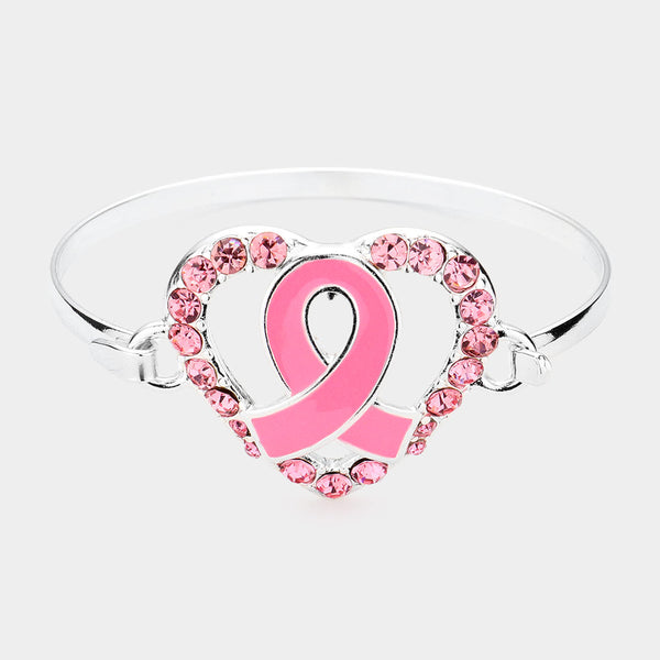 Pink Ribbon Awareness Heart Rhinestone Bracelet