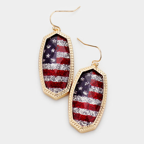 American Flag Hexagon Stone Gold Glitter Dangle Earrings