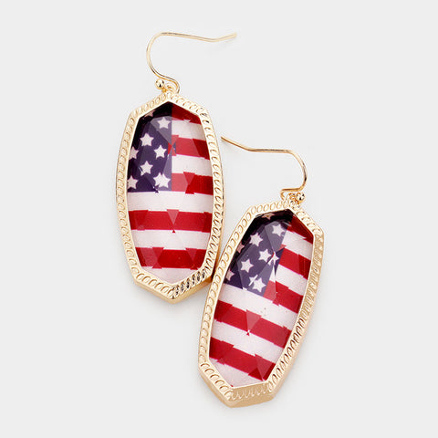 American Flag Hexagon Stone Gold Dangle Earrings