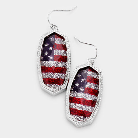 American Flag Hexagon Stone Silver Glitter Dangle Earrings