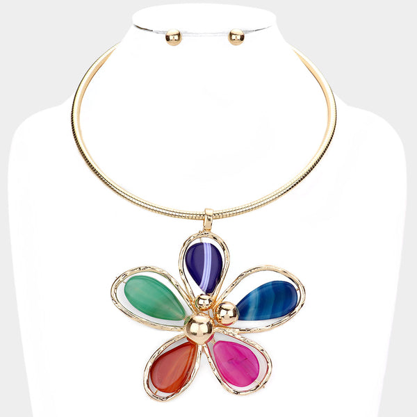 Bead Embellished Flower Pendant Necklace Set