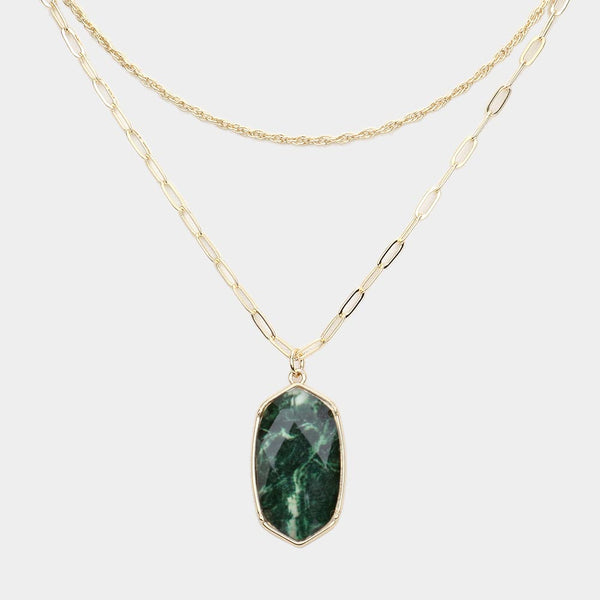 Emerald Green Hexagon Pendant Double Layered Necklace