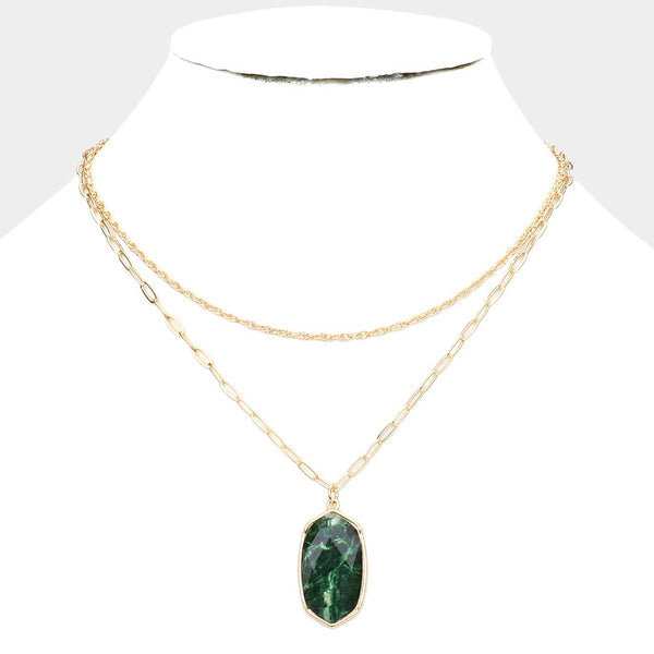Emerald Green Hexagon Pendant Double Layered Necklace