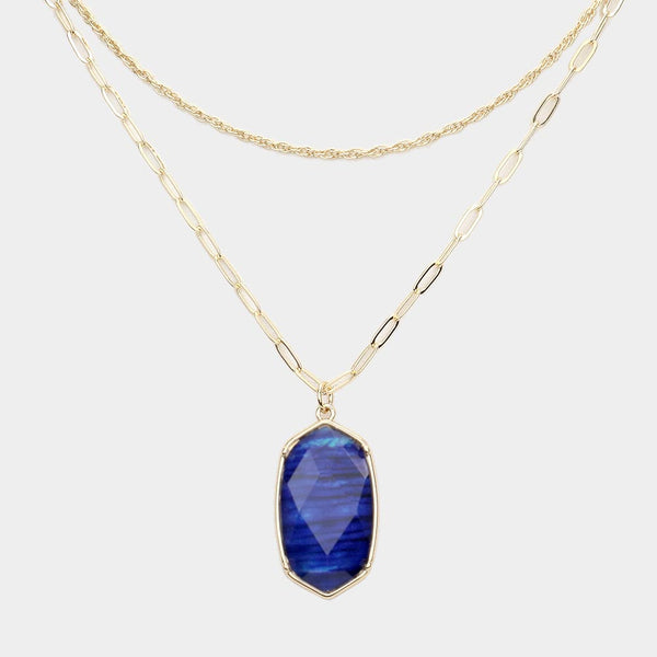 Sapphire Hexagon Pendant Double Layered Necklace