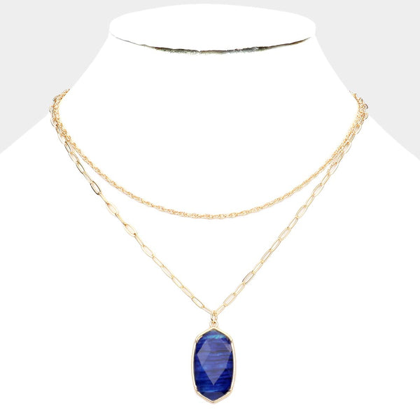 Sapphire Hexagon Pendant Double Layered Necklace