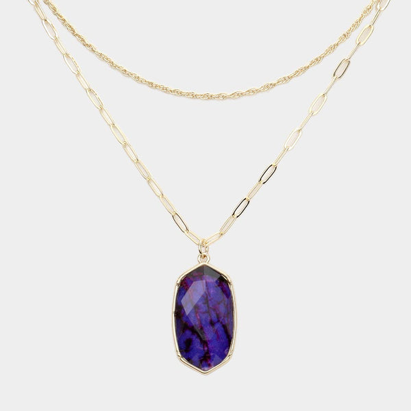 Purple Hexagon Pendant Double Layered Necklace