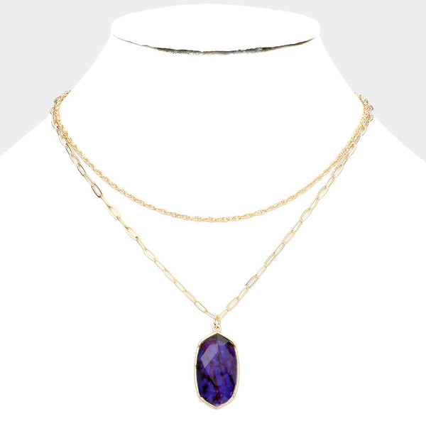 Purple Hexagon Pendant Double Layered Necklace
