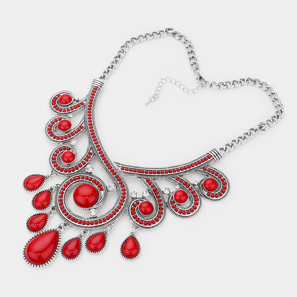 Red Velvet Natural Stone Statement Necklace Set