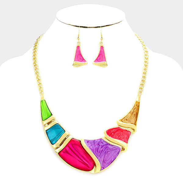 Multi-Color Gold Epoxy Crescent Bar Necklace Set