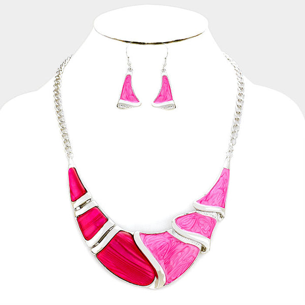 Fuchsia Silver Epoxy Crescent Bar Necklace Set