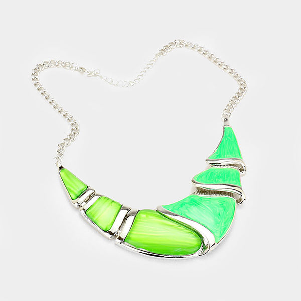 Lime Green Silver Epoxy Crescent Bar Necklace Set