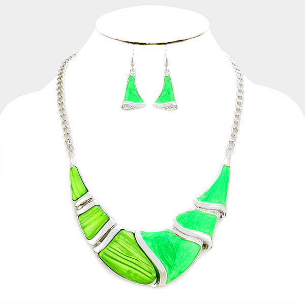 Lime Green Silver Epoxy Crescent Bar Necklace Set