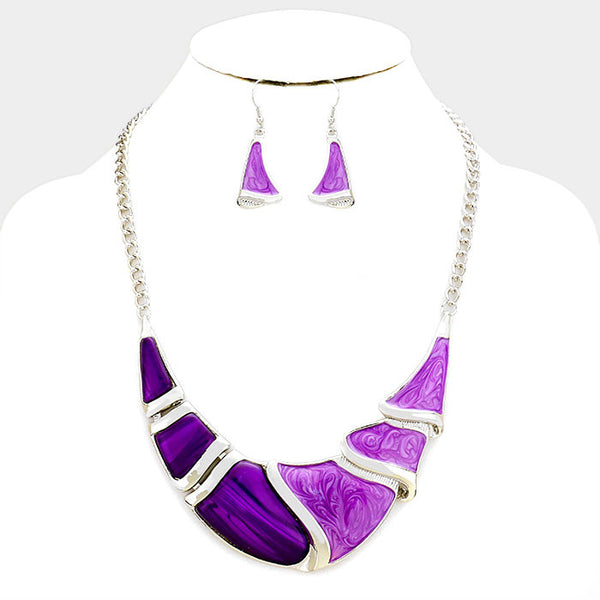 Purple Silver Epoxy Crescent Bar Necklace Set