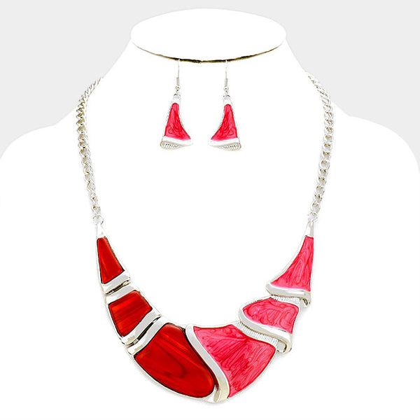 Red Silver Epoxy Crescent Bar Necklace Set